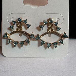 Gold-Tone Blue Rhinestone Double Design Earrings